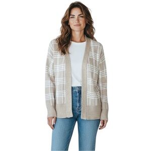 Joie Houndstooth Plaid Cozy Open Front Cardigan Sweater